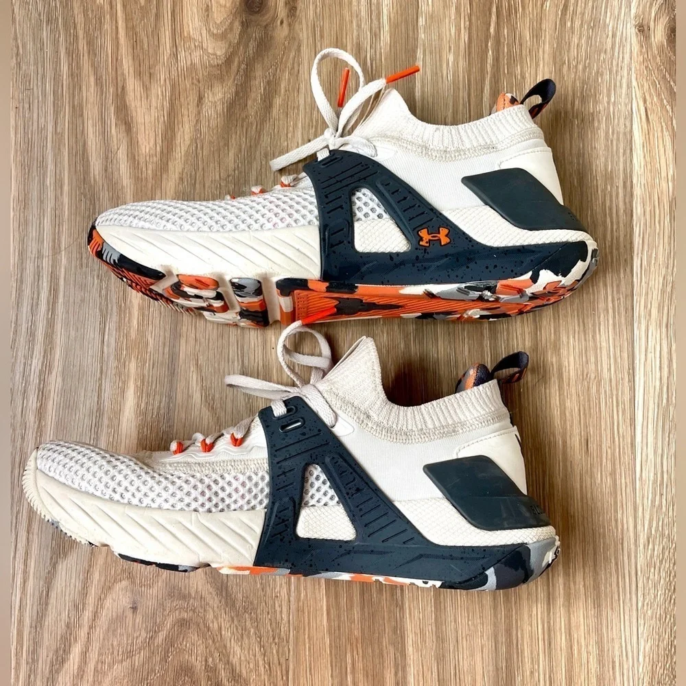 Under Armour Men Size 8 Sneakers Project Rock 4 Marble Stone Jet Grey Orange EUC